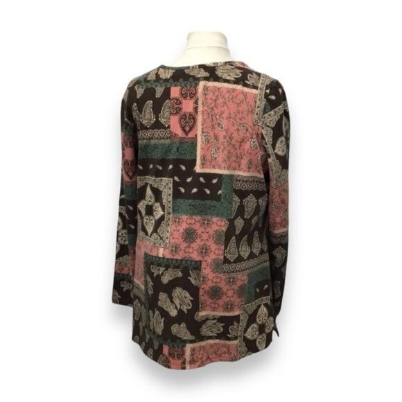 Denim & Company Long Sleeve Round Neck Paisley Printed Tunic, Pink, size L - Picture 3 of 7